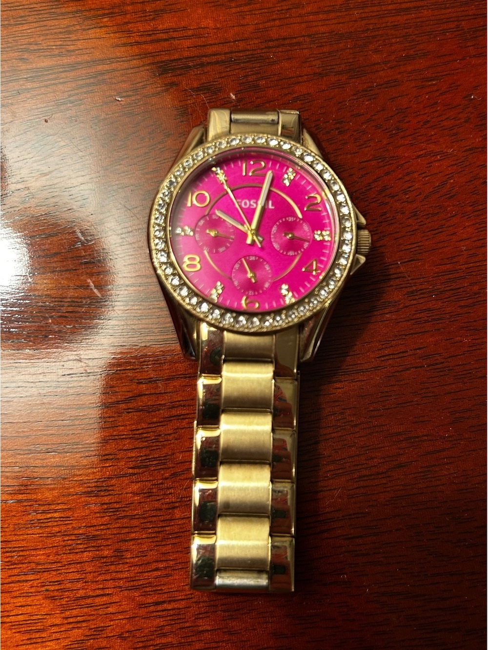 Fossil Women's Riley Stainless Steel Watch with Pink Dial and Crystal Accents